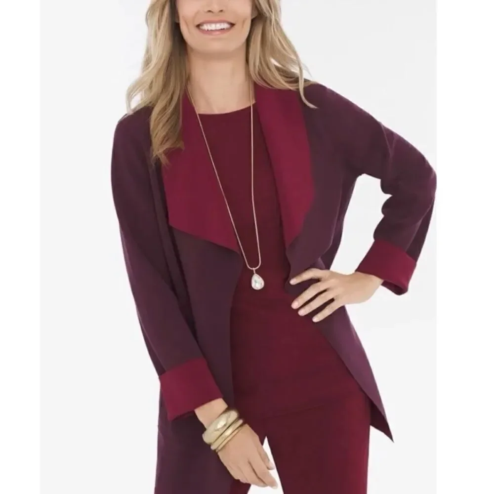 Chicos Travelers Sz 1 (Med 8-10)‎ Open Front Jacket Deep Merlot Blazer Pockets